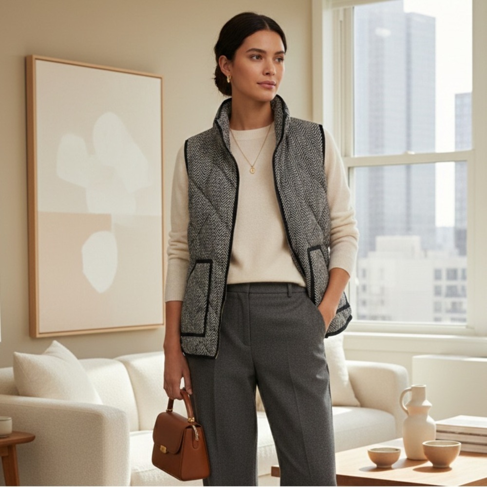 J Crew M herringbone quilted down fill puffer vest contrast trim quiet luxury